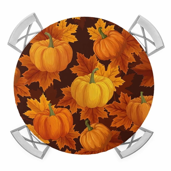 Orange Pumpkins Fall Round Tablecloth for 55-60 Inch Tables,Fitted Table Cover with Elastic Edge,Maple Leaves Thanksgiving Botanical Waterproof Outdoor Table Cloth Protector for Patio Garden Dinner