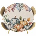 thumbnail image 1 of Orange Pumpkins Fall Round Tablecloth, Fitted Table Cover with Elastic for 36"-44" Round Tables, Autumn Eucalyptus Leaves Retro Beige Table Cloth Outdoor Indoor Dinning Party Waterproof Tablecloths, 1 of 7