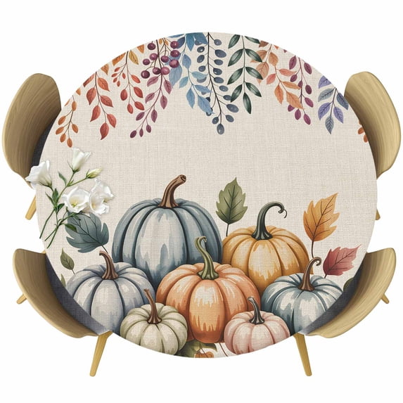 Orange Pumpkins Fall Round Tablecloth, Fitted Table Cover with Elastic for 36"-44" Round Tables, Autumn Eucalyptus Leaves Retro Beige Table Cloth Outdoor Indoor Dinning Party Waterproof Tablecloths