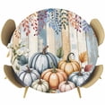 thumbnail image 1 of Orange Pumpkins Fall Round Tablecloth, Fitted Table Cover with Elastic for 36"-44" Round Tables, Eucalyptus Leaves Wood Grain Country Rustic Table Cloth Outdoor Dinning Party Waterproof Tablecloths, 1 of 7