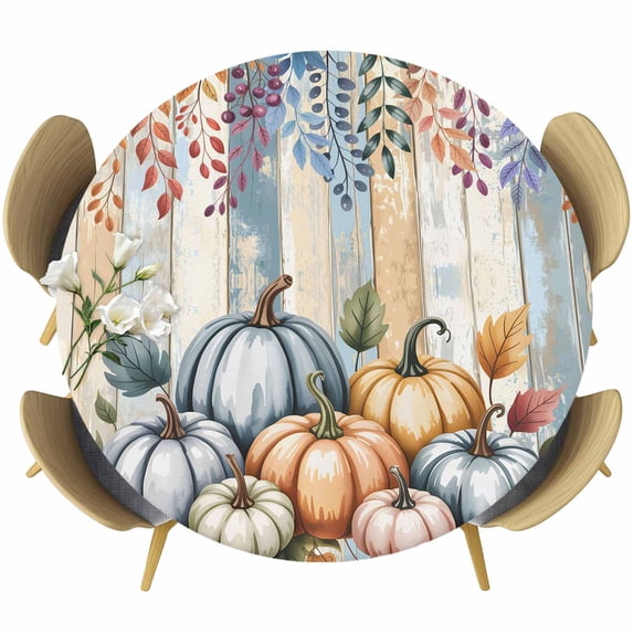 Orange Pumpkins Fall Round Tablecloth, Fitted Table Cover with Elastic for 36"-44" Round Tables, Eucalyptus Leaves Wood Grain Country Rustic Table Cloth Outdoor Dinning Party Waterproof Tablecloths