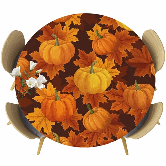 Orange Pumpkins Fall Round Tablecloth, Fitted Table Cover with Elastic for 36"-44" Round Tables, Maple Leaves Thanksgiving Botanical Table Cloth Outdoor Indoor Dinning Party Waterproof Tablecloths