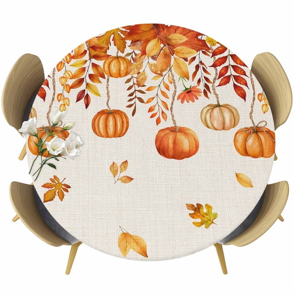 Orange Pumpkins Fall Round Tablecloth, Fitted Table Cover with Elastic for 36"-44" Round Tables, Rustic Thanksgiving Maple Leaf Table Cloth Outdoor Indoor Dinning Party Waterproof Tablecloths