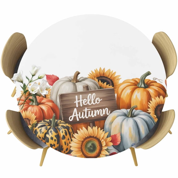 Orange Pumpkins Fall Round Tablecloth, Fitted Table Cover with Elastic for 36"-44" Round Tables, Thanksgiving Botanical Flower Pastoral Table Cloth Outdoor Indoor Dinning Party Waterproof Tablecloths