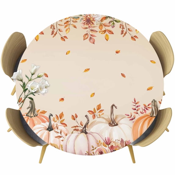 Orange Pumpkins Fall Round Tablecloth, Fitted Table Cover with Elastic for 36"-44" Round Tables, Thanksgiving Flowers Autumn Leaves Table Cloth Outdoor Indoor Dinning Party Waterproof Tablecloths