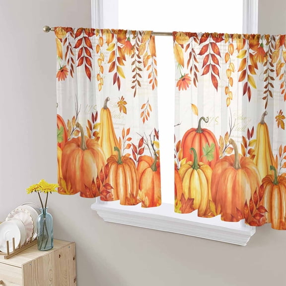 Orange Pumpkins Fall Sheer Curtains 45 Inch Length 2 Panels Set, Semi Transparent Voile Rod Pocket Curtains for Living Dining Room Bedroom Drapes Thanksgiving Botanical Maple Leaves Falling