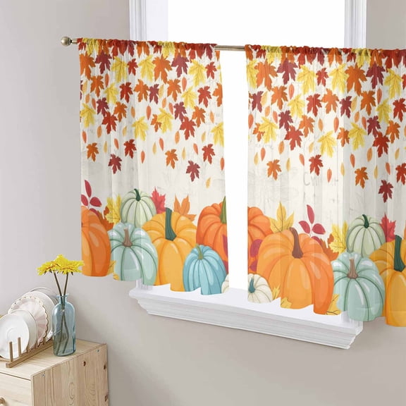Orange Pumpkins Fall Sheer Curtains 54 Inch Length 2 Panels Set for Living Room/Bedroom, Thanksgiving Maple Leaves Weeping Rustic Curtain Drapes Rod Pocket Curtains Window Treatment 52''x54''x2