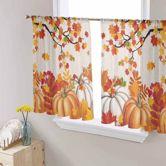 Orange Pumpkins Fall Sheer Curtains 54 Inches Length 2 Panels Set, Window Sheer Curtains for Living Room/Bedroom, Maple Leaf Thanksgiving Botanical Rustic Light Filter Rod Pocket Curtain 52''x54''x2