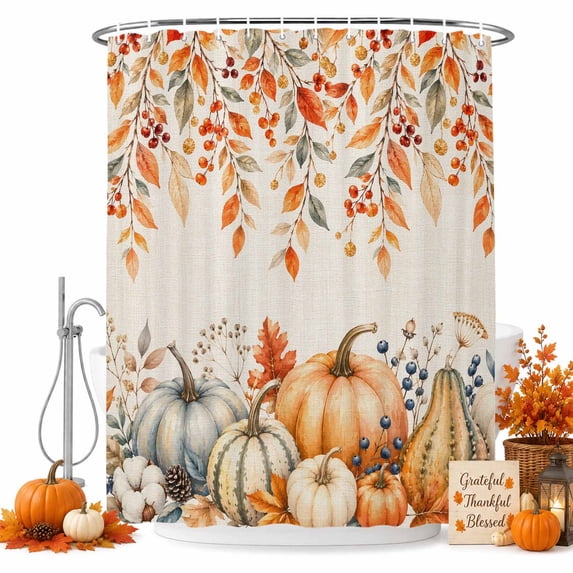 Orange Pumpkins Fall Shower Curtain Set - Standard 72" x 72" Washable Bathtub Curtain with 12 Hooks, Thanksgiving Leaves Berry Rustic Waterproof Fabric Stall Shower Curtains for Bathroom Décor