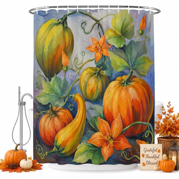 Orange Pumpkins Fall Shower Curtain, Waterproof Shower Curtains for Bathroom, Botanical Thanksgiving Blue Ombre Washable Fabric Bathtub Curtain Set Bath Decor with 12 Hooks 48"x72"