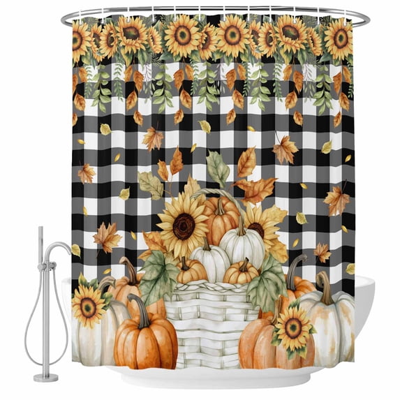 Orange Pumpkins Fall Shower Curtain, Waterproof Shower Curtains for Bathroom, Sunflower Thanksgiving Black White Plaid Washable Fabric Bathtub Curtain Set Bath Decor with 12 Hooks 72"x78"