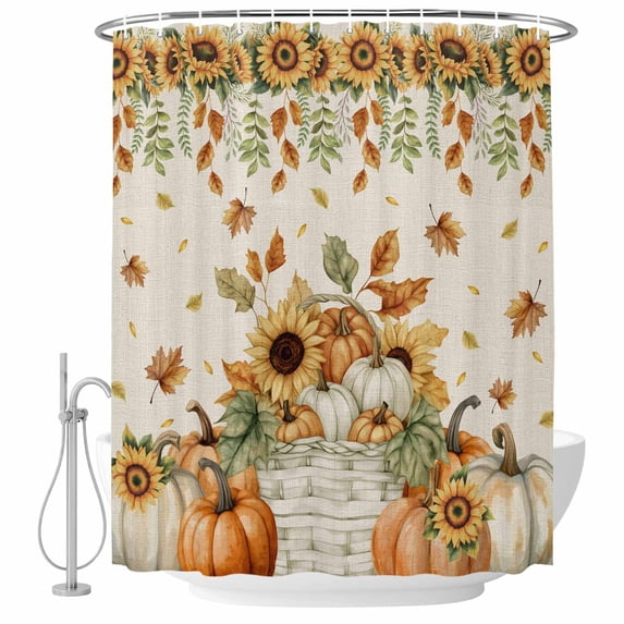 Orange Pumpkins Fall Shower Curtain, Waterproof Shower Curtains for Bathroom, Sunflower Thanksgiving Botanical Rustic Washable Fabric Bathtub Curtain Set Bath Decor with 12 Hooks Long 72"x84"
