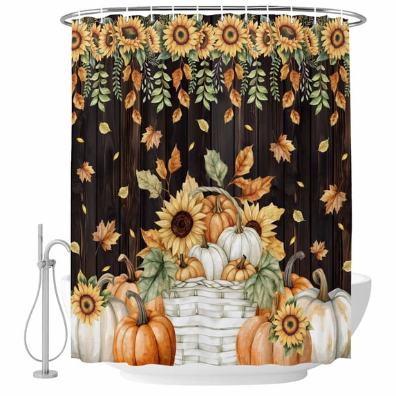 Orange Pumpkins Fall Shower Curtain, Waterproof Shower Curtains for Bathroom, Sunflower Thanksgiving Botanical Wooden Washable Fabric Bathtub Curtain Set Bath Decor with 12 Hooks 48"x72"
