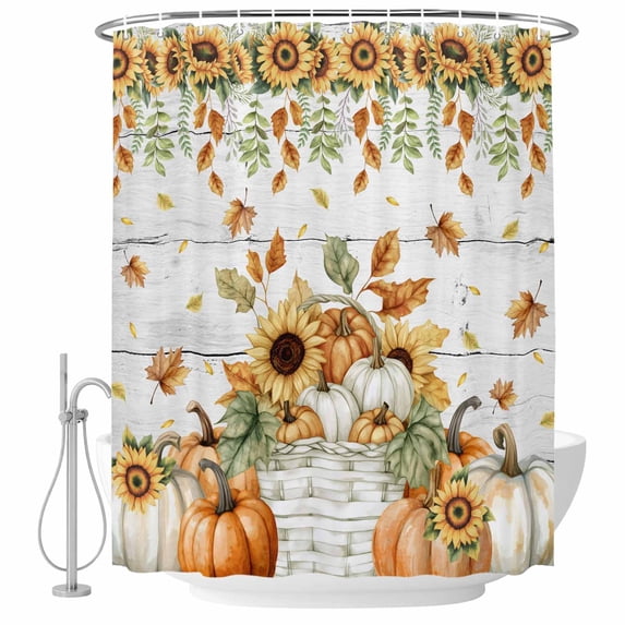 Orange Pumpkins Fall Shower Curtain, Waterproof Shower Curtains for Bathroom, Sunflower Thanksgiving Leaves Wooden Washable Fabric Bathtub Curtain Set Bath Decor with 12 Hooks 72"x78"