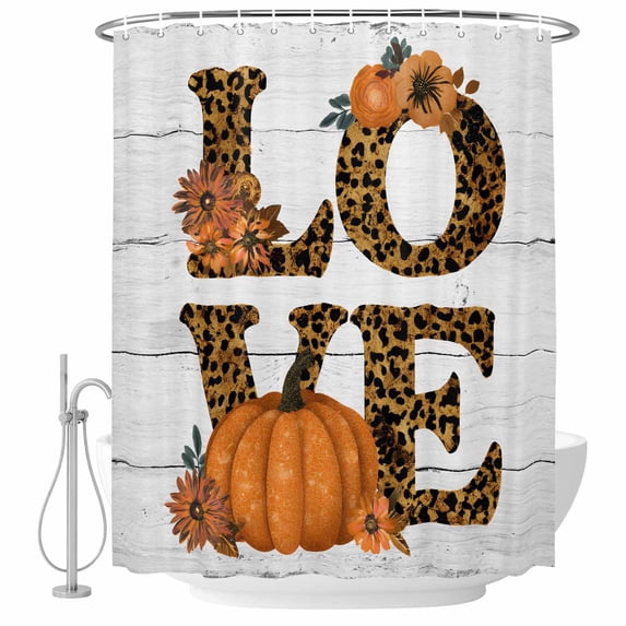 Orange Pumpkins Fall Shower Curtain, Waterproof Shower Curtains for Bathroom, Thanksgiving Botanical Love Wooden Washable Fabric Bathtub Curtain Set Bath Decor with 12 Hooks 48"x72"