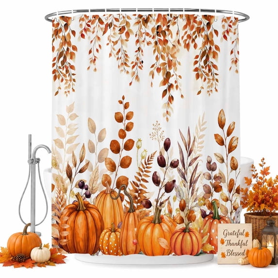 Orange Pumpkins Fall Shower Curtain, Waterproof Shower Curtains for Bathroom, Thanksgiving Eucalyptus Leaf Botanical Washable Fabric Bathtub Curtain Set Bath Decor with 12 Hooks Stall 36"x72"