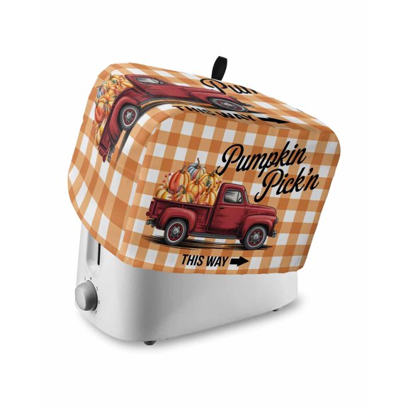 Orange Pumpkins Fall Small Toaster Cover 2 Slice, Kitchen Appliance Covers, Thanksgiving Rustic Car Farmhouse Plaid Toaster Oven Cover with Loop, Bread Machine Cover Polyester Dust Cover Protection