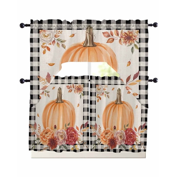 Orange Pumpkins Fall Swag Kitchen Curtains Sets for Windows 24 Inch Length, Black Plaid Autumn Floral Short Window Curtain Panels Swags Valances and Tiers 3 Piece Set for Cafe/Dining Room
