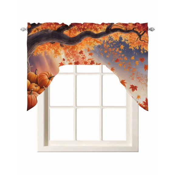 Orange Pumpkins Fall Swag Valances for Windows, Small Curtains Drapes, Maple Leaves Sunlight Forest Country Kitchen Window Curtains Over Sink Window Treatment Valance for Bedroom/Bathroom 56"x36"