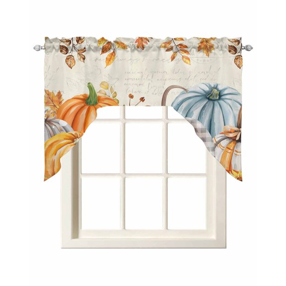 Orange Pumpkins Fall Swag Valances for Windows, Small Curtains Drapes, Thanksgiving Maple Leaf Rustic Kitchen Window Curtains Over Sink Window Treatment Valance for Bedroom/Bathroom 56"x36"