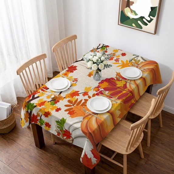 Orange Pumpkins Fall Table Cloth Waterproof Tablecloths, Maple Leaf Thanksgiving Botanical Rustic Tablecloth Dining Table Cover for Kitchen Party Tabletop Outdoor, Rectangle Tablecloth 52x70 Inch