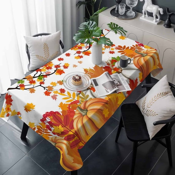 Orange Pumpkins Fall Table Cloth Waterproof Tablecloths, Maple Leaf Thanksgiving Botanical Tablecloth Dining Table Cover for Kitchen Party Tabletop Outdoor, Rectangle Tablecloth 60x120 Inch