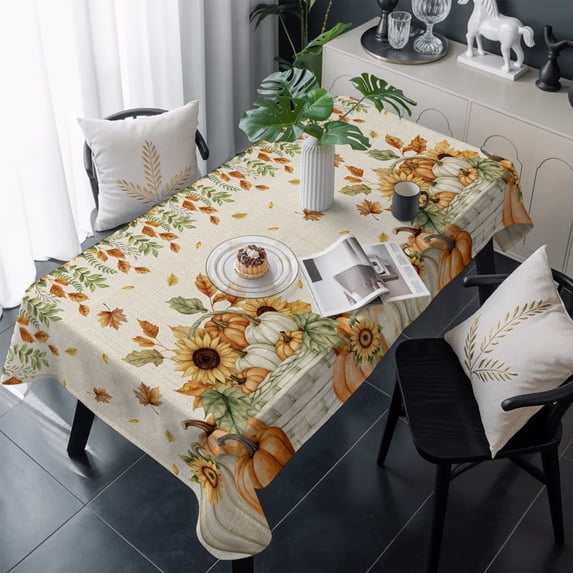 Orange Pumpkins Fall Table Cloth Waterproof Tablecloths, Sunflower Thanksgiving Botanical Rustic Tablecloth Dining Table Cover for Kitchen Party Tabletop Outdoor, Rectangle Tablecloth 60x120 Inch