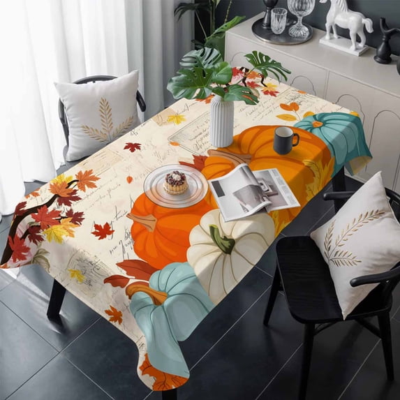 Orange Pumpkins Fall Table Cloth Waterproof Tablecloths, Thanksgiving Maple Leaf Branches Tablecloth Dining Table Cover for Kitchen Party Tabletop Outdoor, Rectangle Tablecloth 60x120 Inch