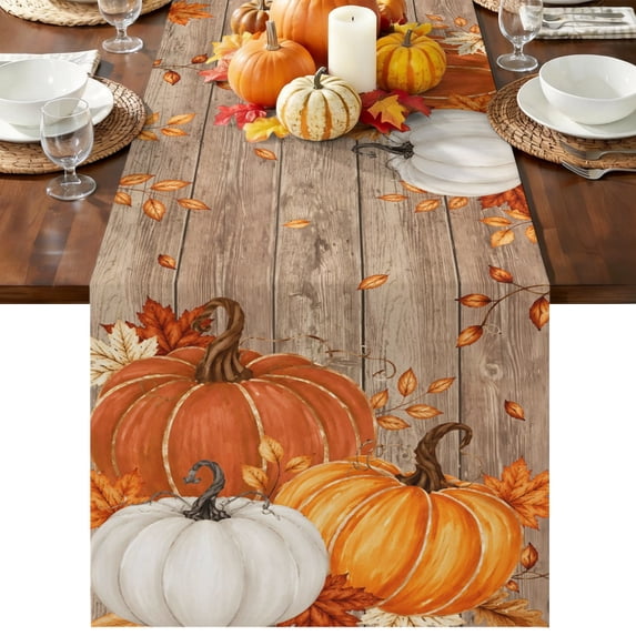Orange Pumpkins Fall Table Runner 36 Inches Long, Kitchen Dining Table Decoration, Vintage Autumn Leaves Wooden Thanksgiving Coffee Tablerunner Dress Scarves Farmhouse Décor for Party, 13 x 36