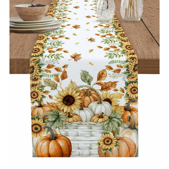 Orange Pumpkins Fall Table Runner 48 Inches, Sunflower Thanksgiving Botanical Pastoral Bed Runner Dresser Scarves Tabletop for Indoor Outdoor Parties/Ceremony/Banquet, 13" x 48"
