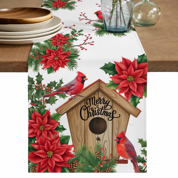 Christmas Table Runner 48 Inches, Red Cardinal Poinsettia Hut Berry Pine Needles Bed Runner Dresser Scarves Tabletop for Indoor Outdoor Parties/Ceremony/Banquet, 13" x 48"
