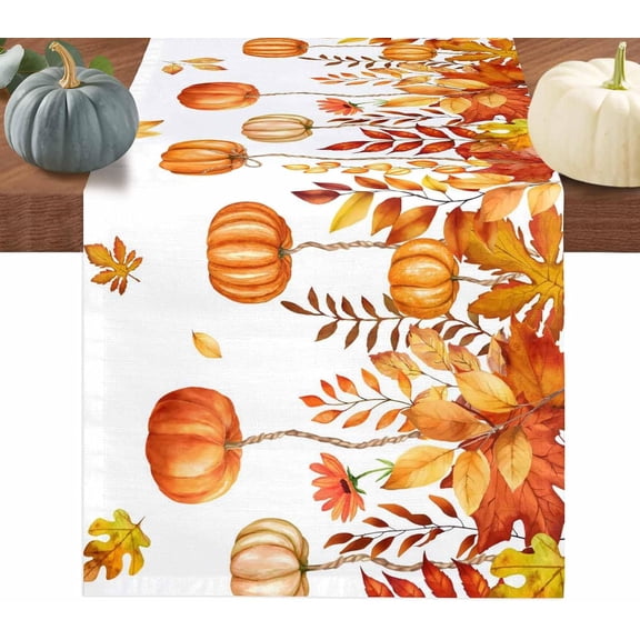 Orange Pumpkins Fall Table Runner - Cotton Linen 48 Inches Long, Thanksgiving Tablerunner Dress Scarves, Autumn Weeping Maple Leaves Table Runner for Dining/Coffee/Holiday, Hanging Pumpkin