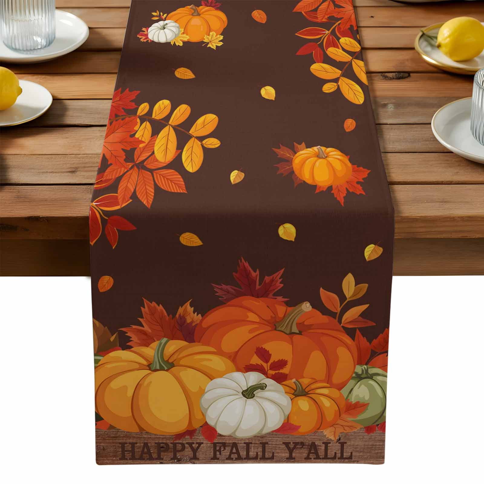Orange Pumpkins Fall Table Runner, Rustic Maple Leaves Brown Farmhouse ...