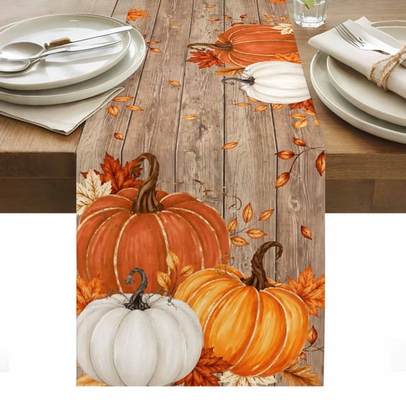 Orange Pumpkins Fall Table Runner Vintage Autumn Leaves Wooden Thanksgiving Tablerunners 13 x 48 Inch, Table Decorations Tabletop Scarf for Summer Gathering Holiday Farmhouse Kitchen Dining Decor