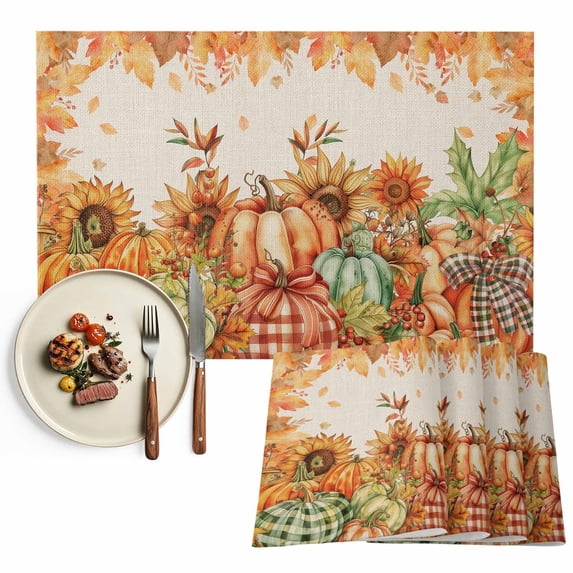 Orange Pumpkins Fall Thanksgiving Placemats Set of 4, Maple Leaf Rustic Washable Wipeable Table Mats for Dining Tables, Indoor Outdoor Kitchen Place Mats for Holiday Party Table Decor