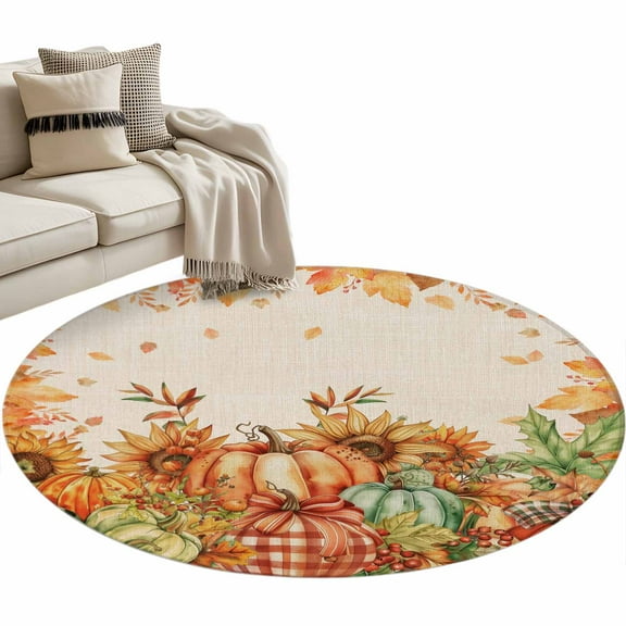 Orange Pumpkins Fall Thanksgiving Round Area Rug 3 FT, Small Kitchen Bathroom Mat, Maple Leaf Rustic Washable Indoor Outdoor Throw Runner Carpet Non-Shedding Doormat for Table Shower Sofa Entryway