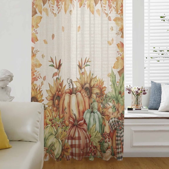 Orange Pumpkins Fall Thanksgiving Semi Sheer Curtains Drapes for Living Room, Bedroom, French Doors Window 45 Inches Long, Maple Leaf Rustic Rod Pocket Chiffon Curtain Drapery Voile Draperies Panel