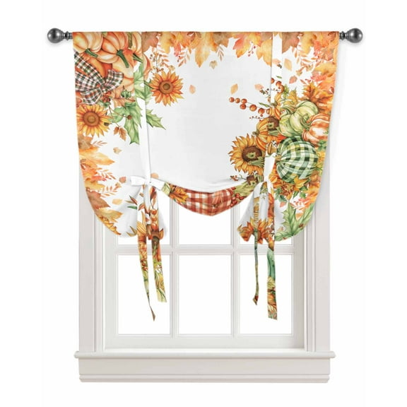 Orange Pumpkins Fall Thanksgiving Tie Up Curtains for Kitchen Bathroom Bedroom Windows 63 Inch Length, Maple Leaf Balloon Drape Curtains Shade Rod Pocket Drapery Curtain Panel, 52"x63"
