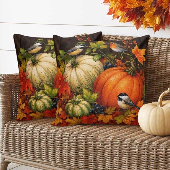 Orange Pumpkins Fall Throw Pillow Covers 16x16 Inch Set of 2, Thanksgiving Maple Leaves Autumn Waterproof Outdoor Pillow Covers, Decorative Cushion Pillowcases for Couch, Sofa, Bed, Garden, Patio