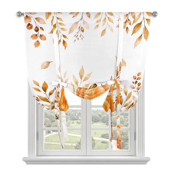 Orange Pumpkins Fall Tie Up Curtains for Window, Thermal Insulated Balloon Shade Adjustable Rod Pocket Curtains Valance Panels for Kitchen Bathroom Cafe 34 x 45 Thanksgiving Botanical Autumn Leaves