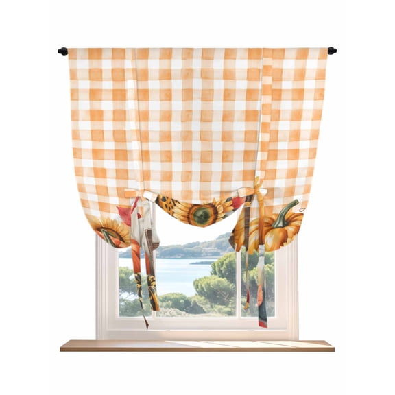 Orange Pumpkins Fall Tie Up Curtains for Windows 45 Inch Length Balloon Curtains Kitchen Adjustable Balloon Window Shade Plaid Thanksgiving Botanical Checkered Tie Up Bathroom Curtain Window 42"x45"
