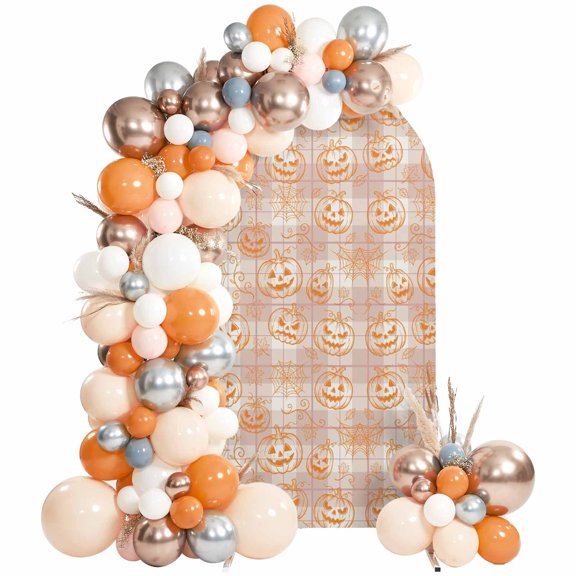 Orange Pumpkins Halloween Arch Backdrop Cover 6.6Ft, Wedding Arch Covers Stretchy Backdrop, Autumn Checkered Fitted 2 Sided Arched Photo Background for Birthday Party Decorations