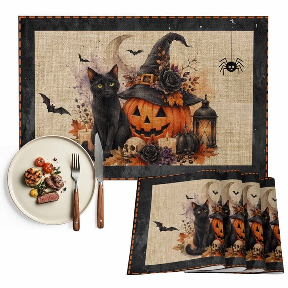Orange Pumpkins Halloween Placemats Set of 2, Black Roses Cats Beige Washable Wipeable Table Mats for Dining Tables, Indoor Outdoor Kitchen Place Mats for Holiday Party Table Decor