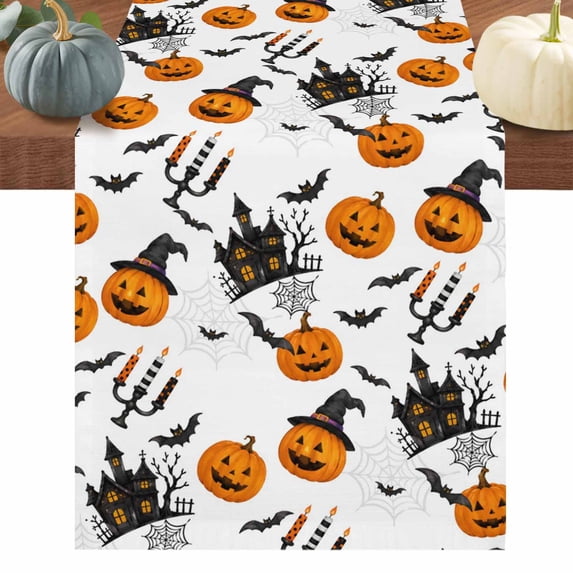 Orange Pumpkins Halloween Table Runner 72 Inches Long, Haunted Houses Bats Horror Cotton Linen Table Runners Dresser Scarves, Decorative Fabric Tabletop Scarf Furniture Cover for Dinner Party 13"x72"