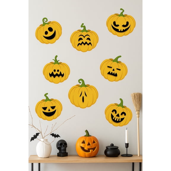 Orange Pumpkins Jack-o'-Lantern Faces Wall Decal 9 Pack, 8 Inches Each, Halloween Decor se305