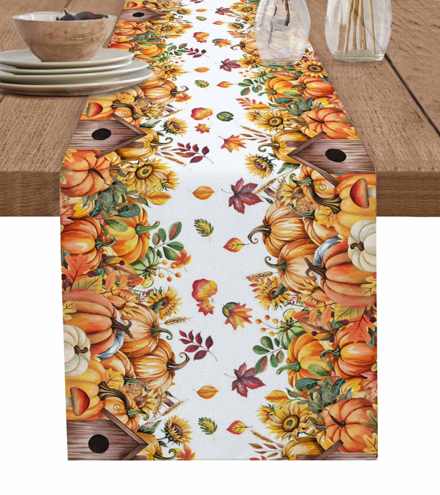 Orange Pumpkins Leaves Table Runner 70 Inches, Fall Sunflowers Country ...