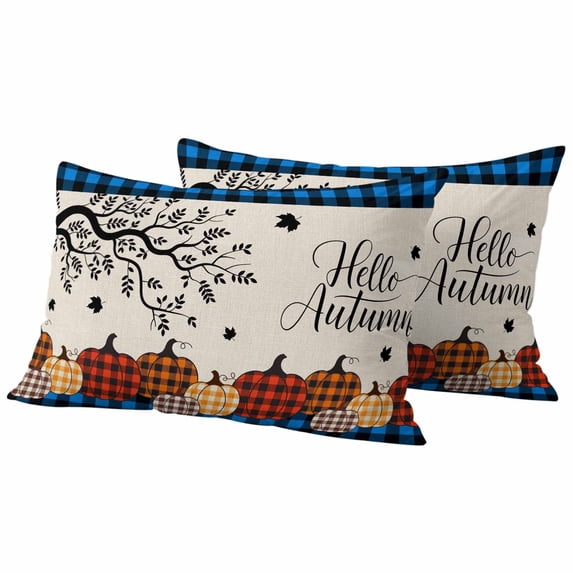 Orange Pumpkins Outdoor Waterproof Pillow Covers, Abstract Fall Branch Blue Retro Plaid Decorative Rectangle Throw Pillowcase Sofa Cushion Sham for Patio/Couch/Chair, 20"x12" 2 Pack