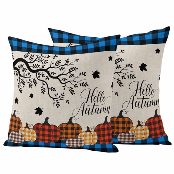 Orange Pumpkins Outdoor Waterproof Pillow Covers, Abstract Fall Branch Blue Retro Plaid Decorative Square Throw Pillowcase Sofa Cushion Sham for Patio/Couch/Chair, 16"x16" 2 Pack