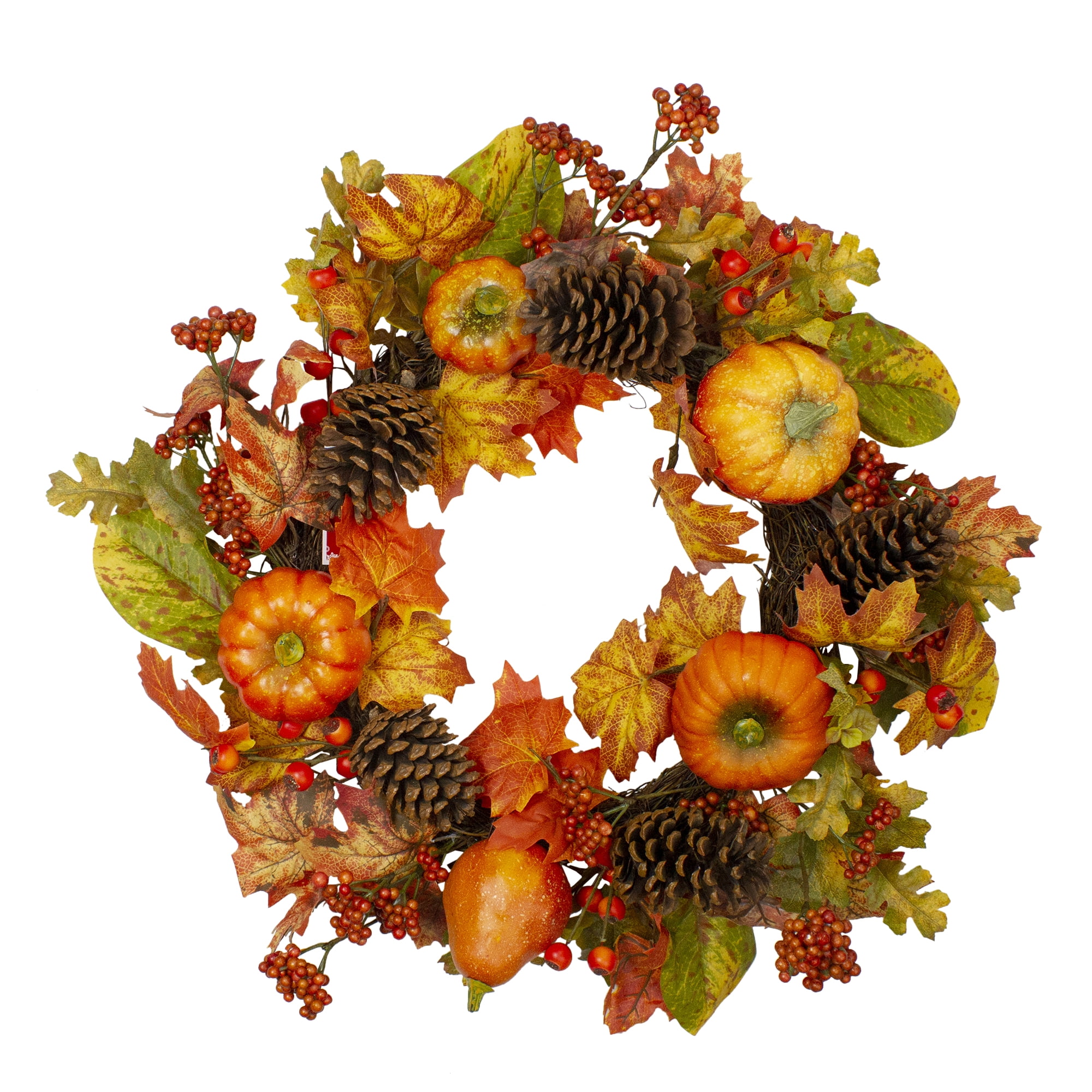 24" Orange Pumpkins Pine Cones and Berries Fall Harvest Wreath