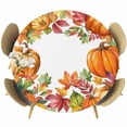 thumbnail image 1 of Orange Pumpkins Round Tablecloth, Fitted Table Cover with Elastic for 36"-44" Round Tables, Farmhouse Botanical Leaves Vintage Table Cloth Outdoor Indoor Dinning Party Waterproof Tablecloths, 1 of 7